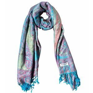 Turquoise Blue Paisley Print Tasseled 100% Pashmina Scarf Shawl Wrap 27x67